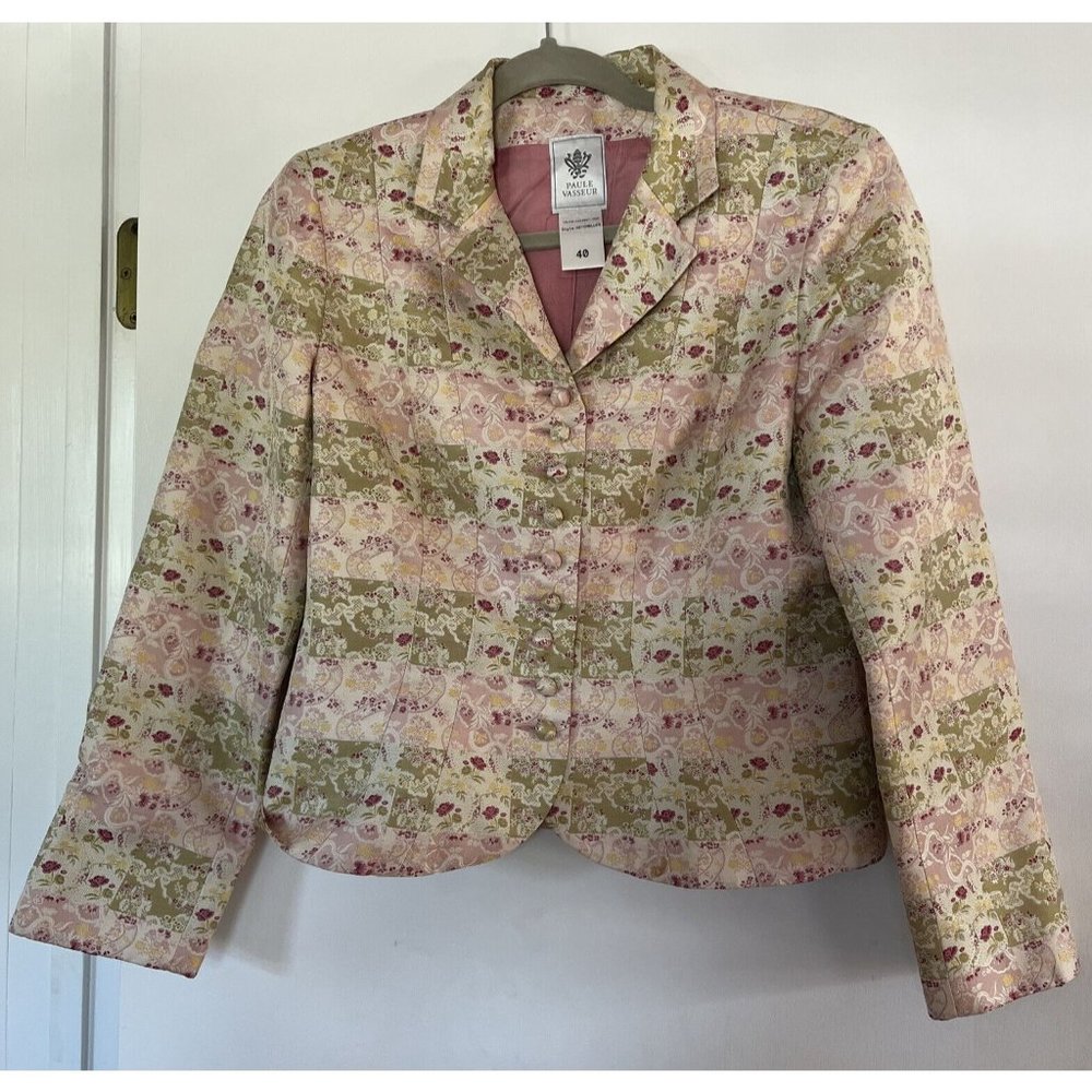 PAULE VASSEUR Pale Gold Rose Embroidered SILK Dress & Jacket Suit Size 40